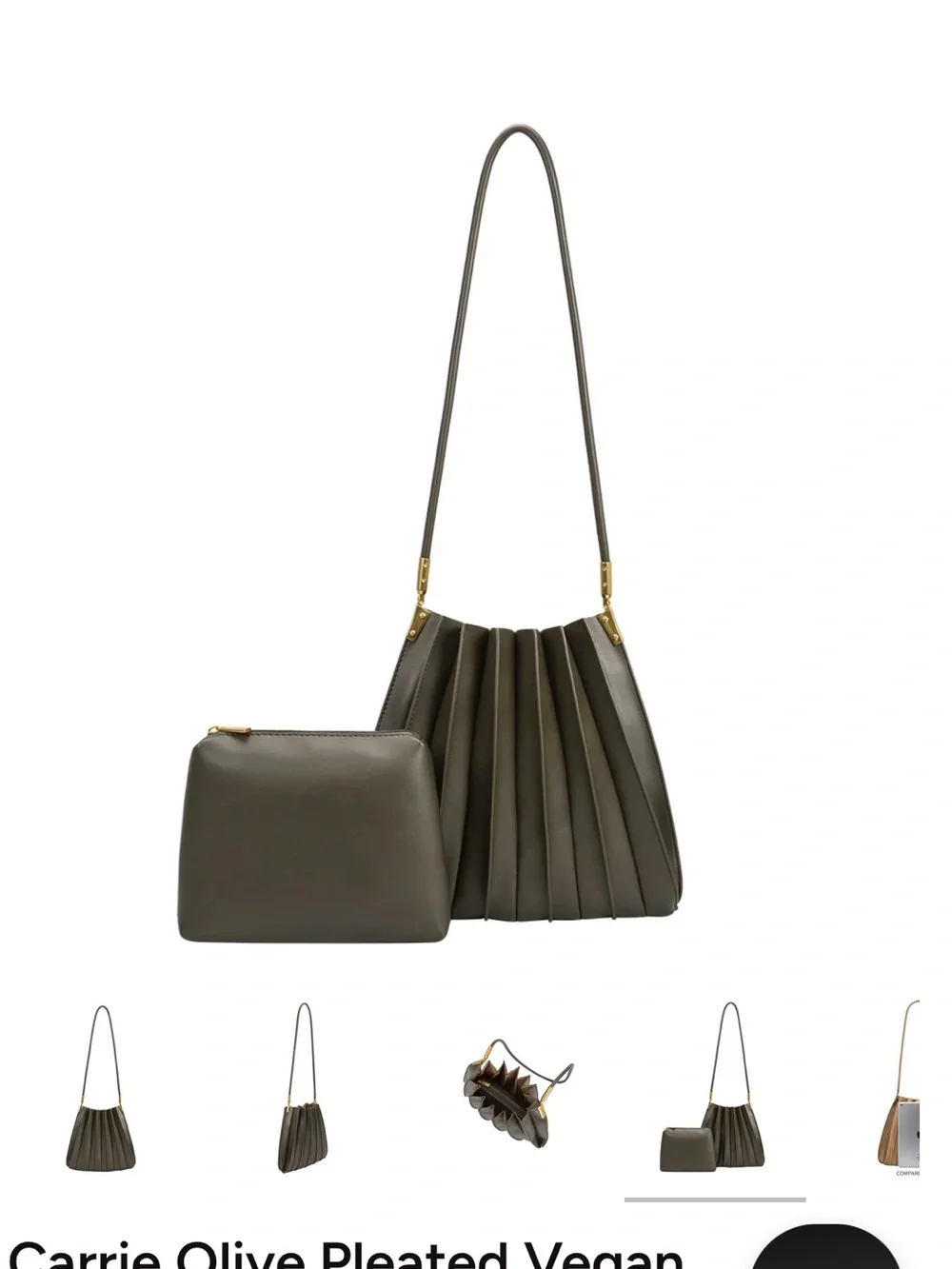 Melie Bianco Olive Pleated Shoulder Bag with Gold Hardware